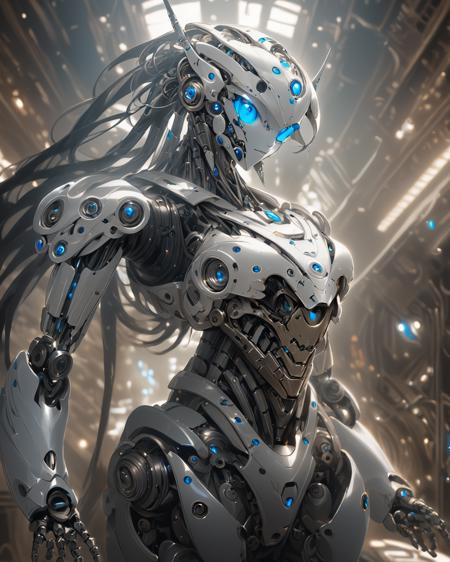 16249-69425-full_body, 1girl, mecha, glowing blue eyes, cute, biomechanical, complex robot, interior spaceship background in bokeh, hyper re.png